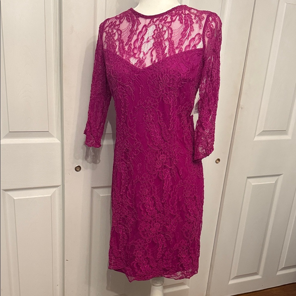 Carmen Marc Valvo Fuchsia Lace Long Sleeve Dress